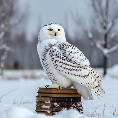 Snowy Owl Perched on Books