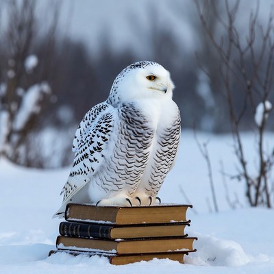 Snowy Owl Perched on Books