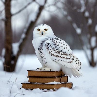 Snowy Owl Perched on Books