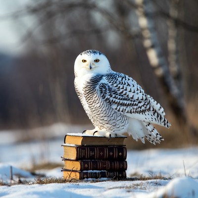 Snowy Owl Perched on Books in Snow