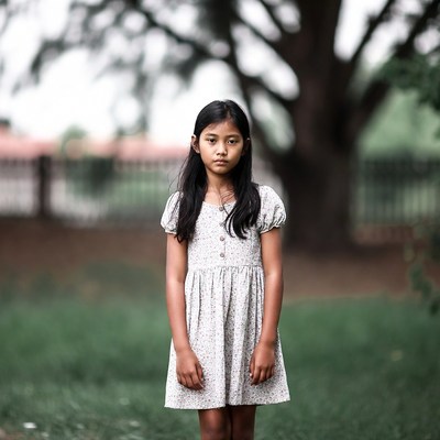Asian girl in floral dress outdoors