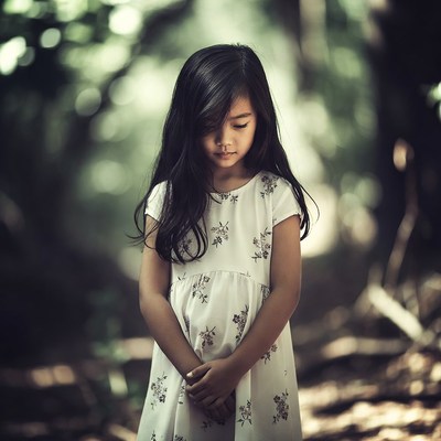 Asian girl standing in forest