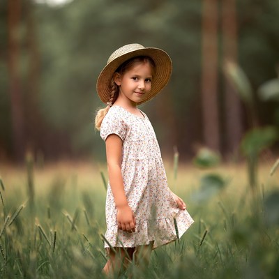Girl in straw hat in forest meadow