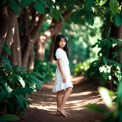 Asian girl standing barefoot on forest path