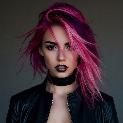 Woman with pink hair and leather jacket