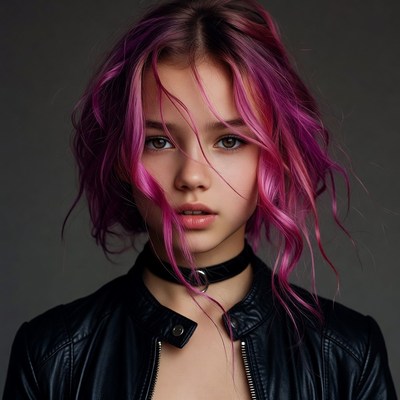 Girl with pink hair wearing leather jacket