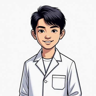 Asian boy in white lab coat