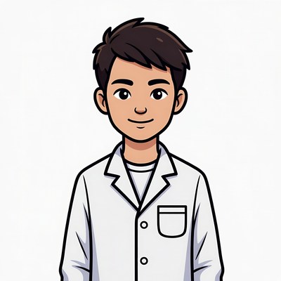 Asian man in white lab coat