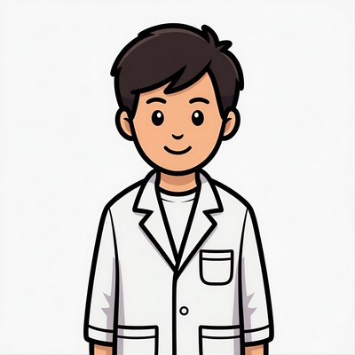 Cartoon Asian man in white lab coat