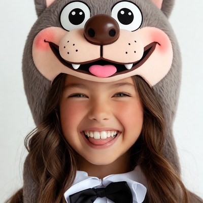 Girl wearing wolf costume mask