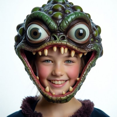 Girl wearing green monster mask