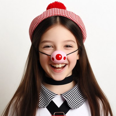 Girl wearing clown hat and nose
