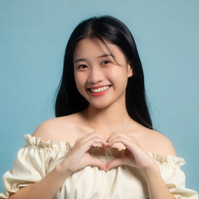 Asian woman making heart hands