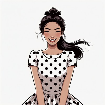 Asian woman in polka dot dress smiling