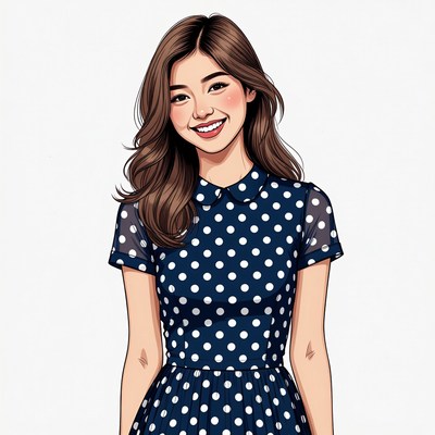 Smiling Asian woman in polka dot dress