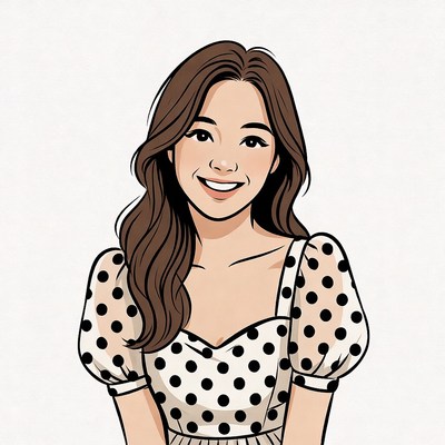 Smiling Asian woman in polka dot dress