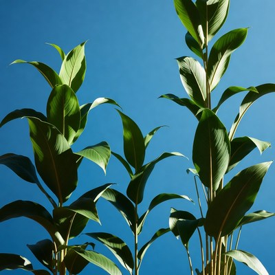 Green Banana Plants on Blue Background