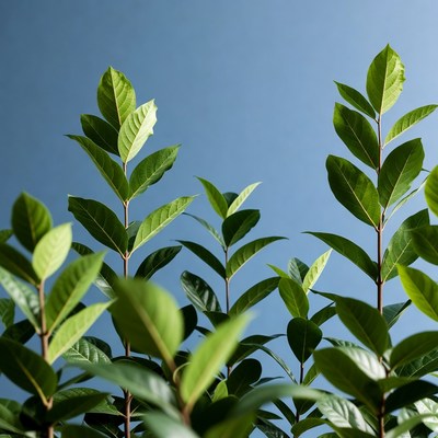 Green leaves against blue sky