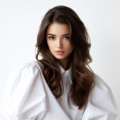 Woman with long brown hair in white blouse