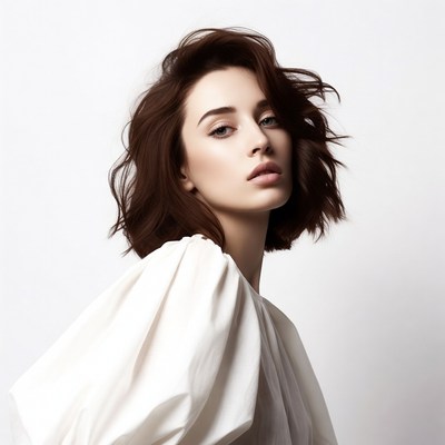 Woman with wavy brown hair in white blouse