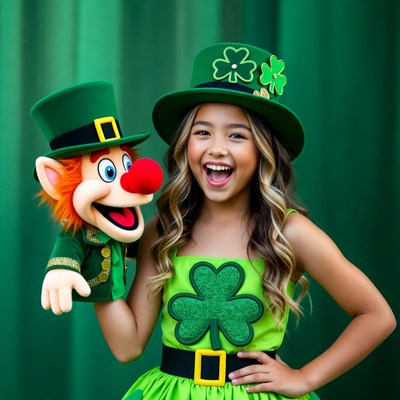Girl with Leprechaun Puppet St. Patrick's Day