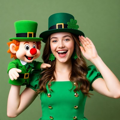 Woman with Leprechaun Puppet St. Patrick's Day