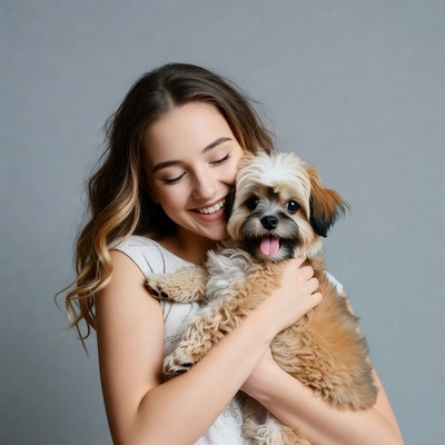 Young woman hugging Shih Tzu puppy
