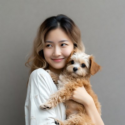 Asian woman holding cute puppy