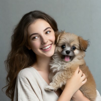 Woman holding cute puppy