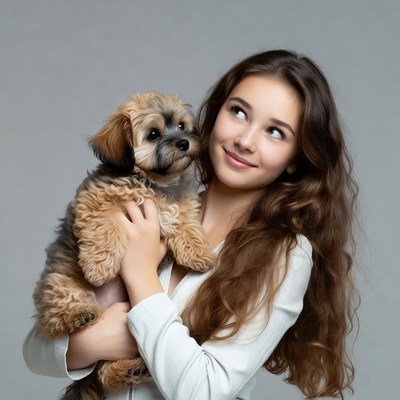 Girl holding cute Yorkie puppy