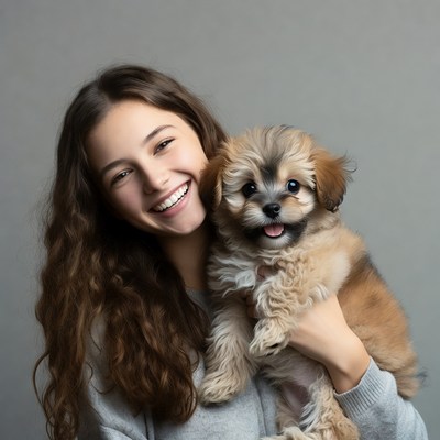 Girl smiling with fluffy puppy