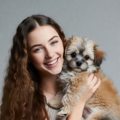 Young woman holding Shih Tzu puppy