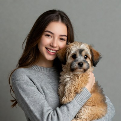 Young woman holding fluffy puppy