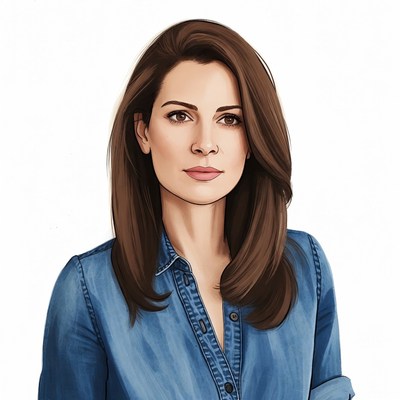 Woman with long brown hair in blue shirt