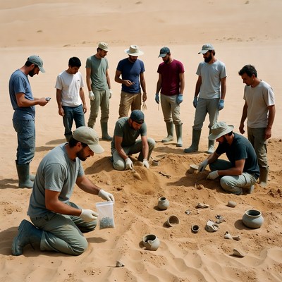 Men excavating pottery artifacts in desert