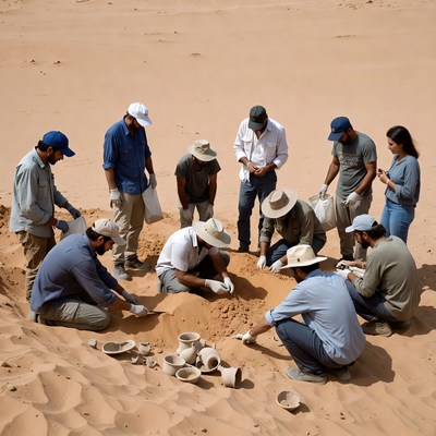 Archaeologists Excavating Pottery in Desert