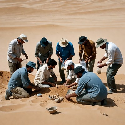 Archaeologists Excavating Pottery in Desert