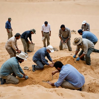 Archaeologists excavating artifacts in desert