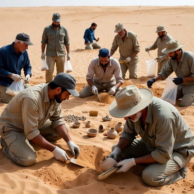 Archaeologists excavating artifacts in desert