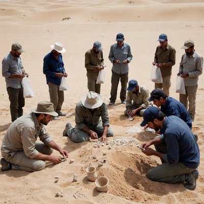 Archaeologists Excavating Pottery in Desert