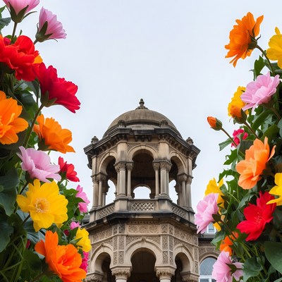 Ornate Pavilion Surrounded by Vibrant Flowers
