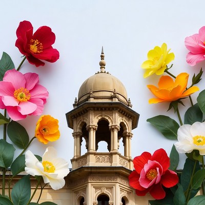 Colorful Flowers Surrounding Taj Mahal Pavilion