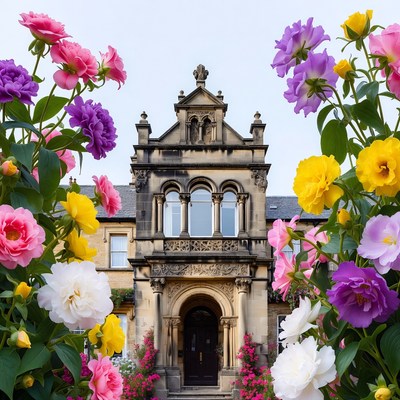 Victorian Building Framed by Colorful Flowers
