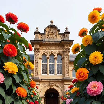 Ornate Building Framed by Vibrant Dahlias