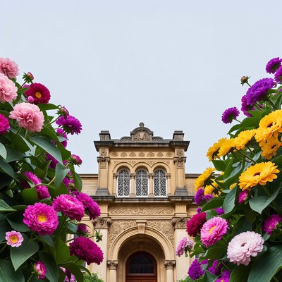 Grand Building Framed by Pink Yellow Dahlias