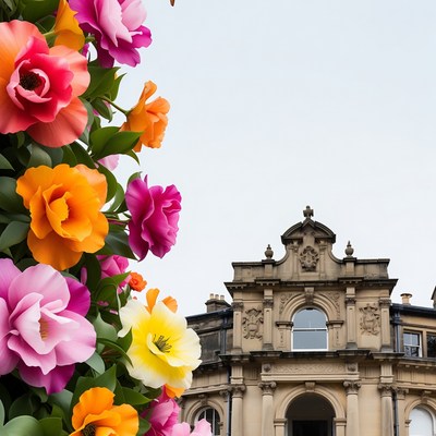 Colorful Flowers Framing Historic Building