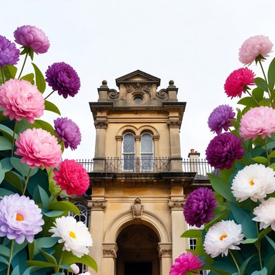 Victorian Tower Framed by Dahlias