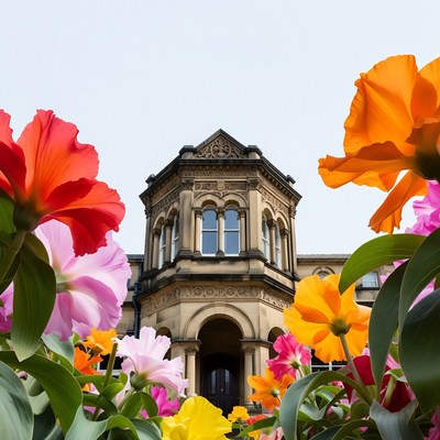 Victorian Tower Surrounded by Vibrant Flowers