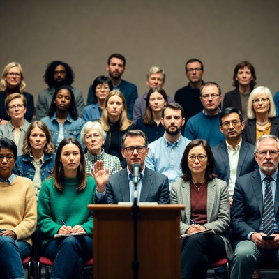 Man speaking at podium to diverse audience