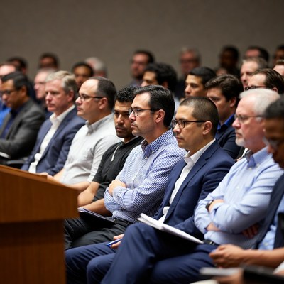 Men sitting at conference podium